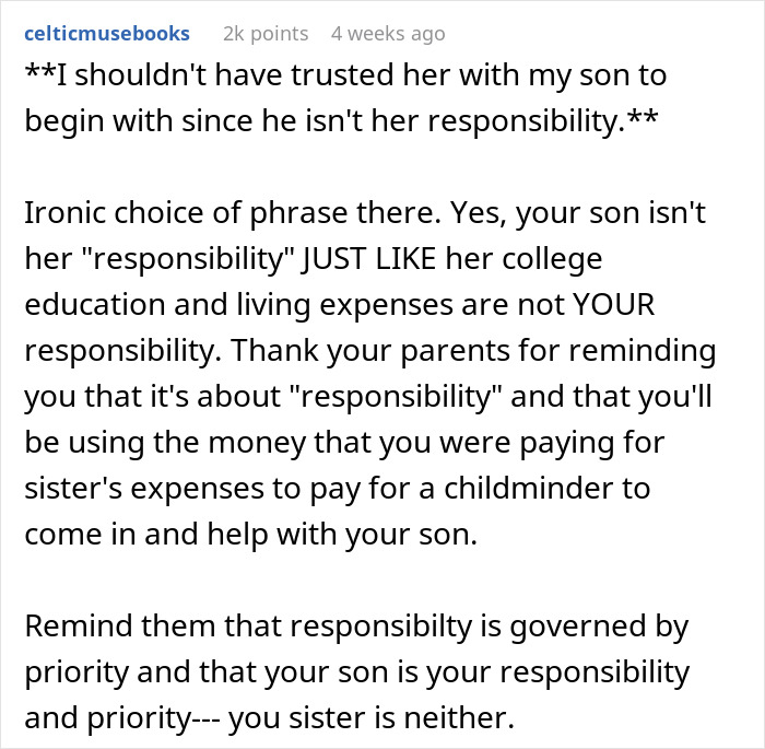 Text highlighting a debate on responsibility regarding refusing to pay for sister's college due to a toddler's concussion.