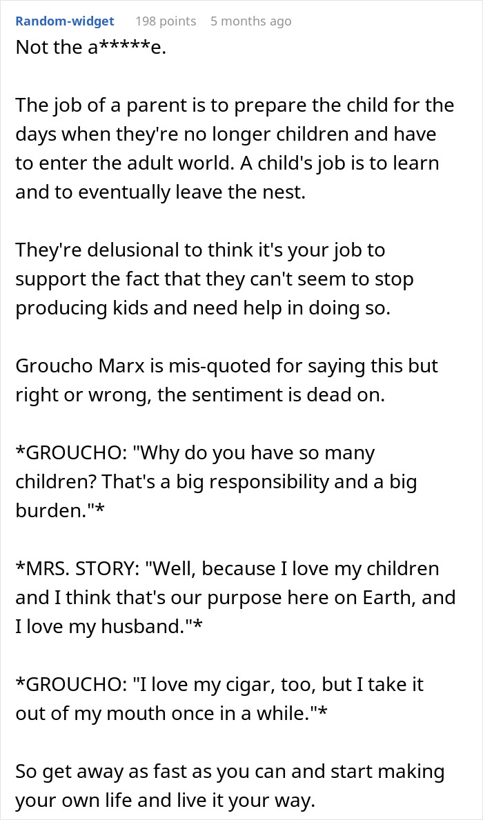 Comment discussing parents' role in preparing kids for independence, including a Groucho Marx quote.