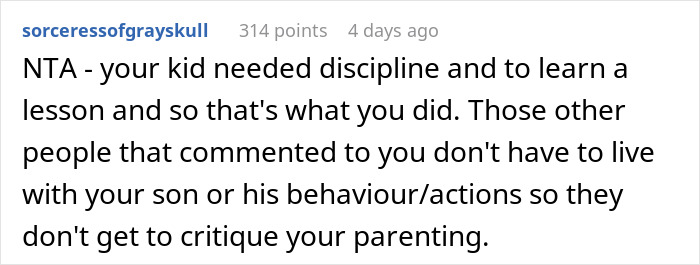 Comment supports dad’s decision to teach discipline to his son, mentioning parenting challenges and son's behavior.