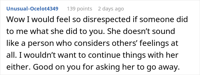 Comment discussing a girl being kicked out of a car after a date, mentioning disrespectful behavior.