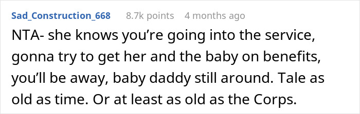 Reddit comment discussing a teen's decision not to raise a baby that's not his, with 8.7k points.