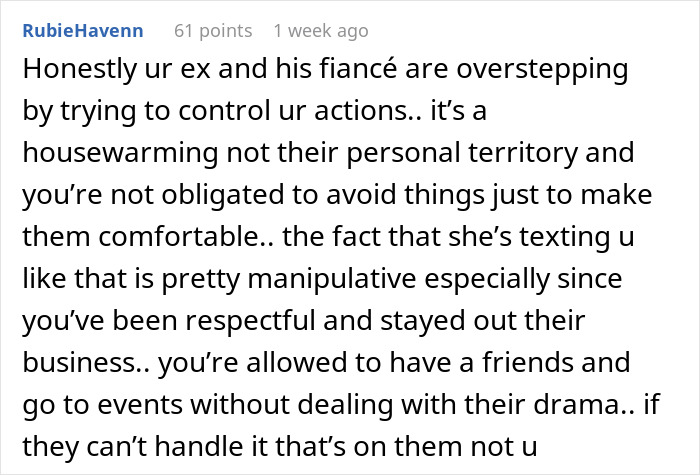 Text message about an ex's demand not to attend a friend's housewarming, mentioning overstepping boundaries.