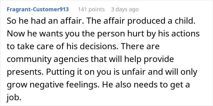 Comment on affair child gift scenario advice response.