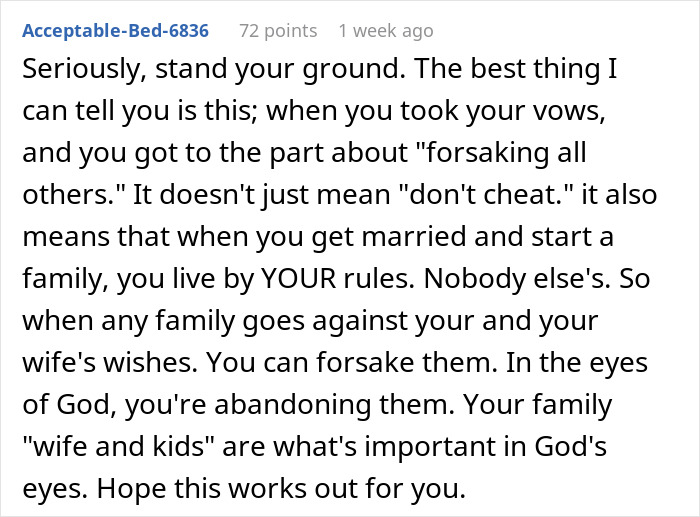 Comment advising to prioritize family values and stand your ground against an overbearing MIL in family matters.