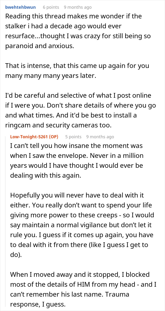 Reddit thread discussing a woman's peaceful life and the reemergence of a stalker from her youth.