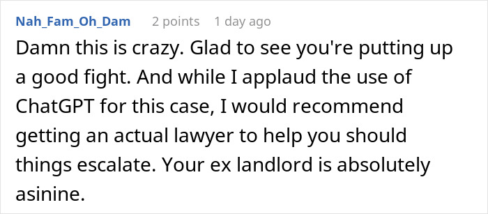 Reddit comment praising ChatGPT's assistance in tenant's legal battle against landlord.