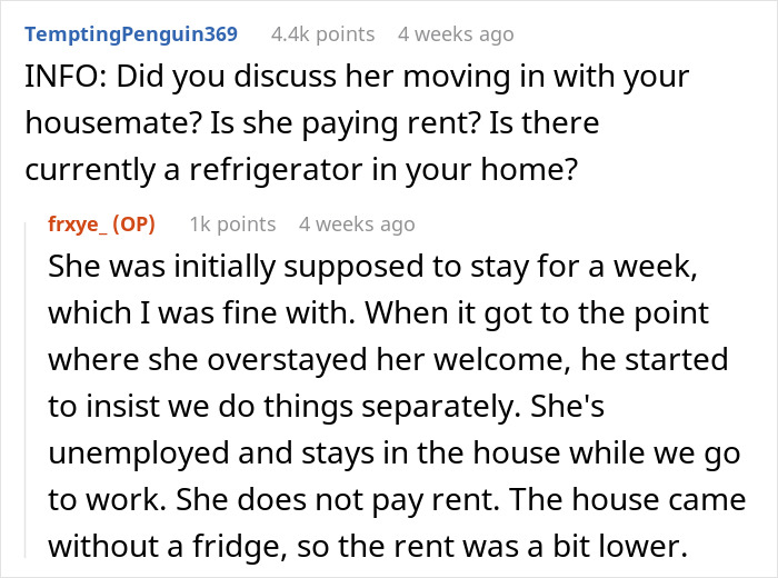 Reddit users discuss an awkward living situation, focusing on a girlfriend who moved in without paying rent.