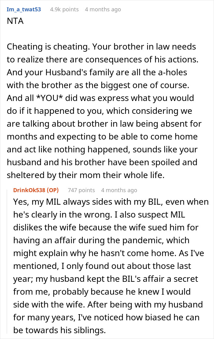 Text exchange about husband abandoning family for affair, consequences discussed.