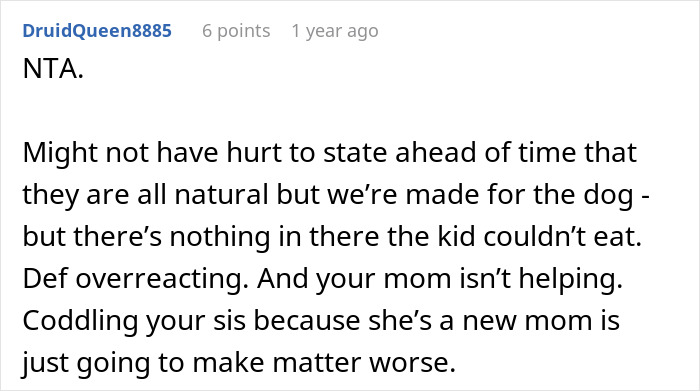 Reddit comment discussing the safety of dog treats and family dynamics.