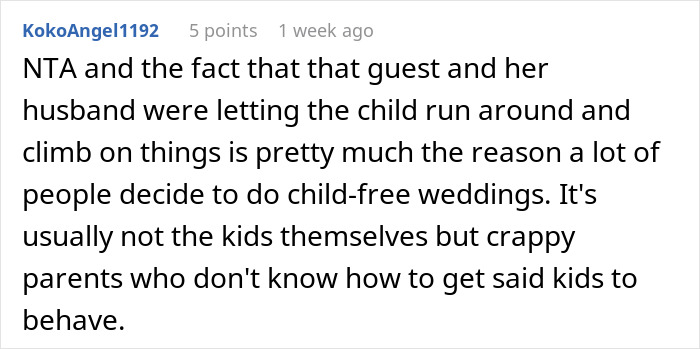 Text comment discussing reasons for child-free weddings due to unruly children.