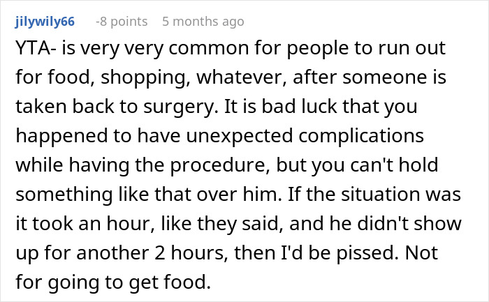 Reddit comment discussing a husband's defensive attitude after leaving his wife during surgery.