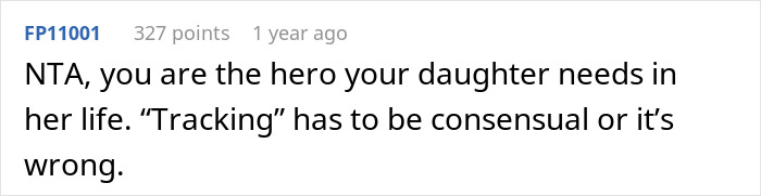 Comment about daughter, phone, and mom tracker emphasizing consent in tracking.