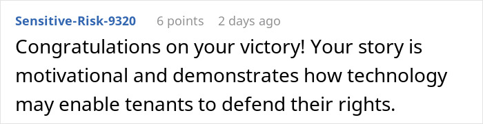 Comment praising tenant victory, highlighting technology's role in empowering tenants against landlords.