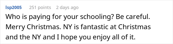 A comment hinting at mom-relationship-drama, mentioning schooling and Christmas in NY.