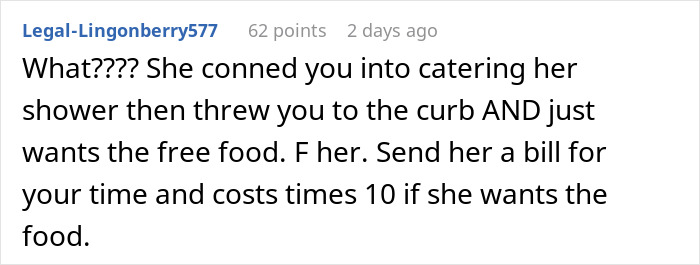 Reddit comment criticizing a mom-to-be for expecting free food delivery after uninviting a woman from a baby shower.