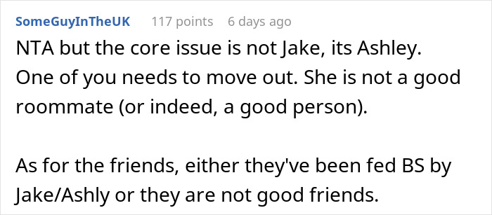 Reddit comment discussing roommate issues and relationship conflicts.