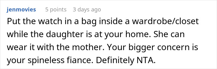 Comment advising to hide a Gizmo Watch during daughter's visit, mentioning concerns about fiancé.