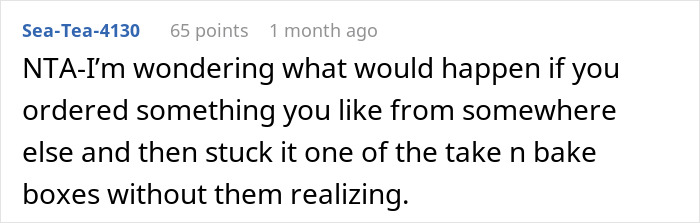 Comment discussing sneaking favorite pizza into a take n bake box, related to MIL's pizza preference challenge.