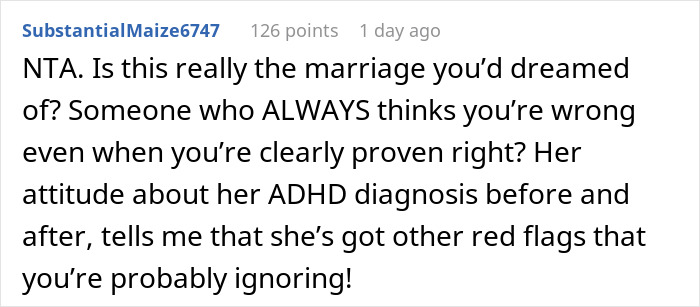 Reddit comment discussing marriage issues and ADHD diagnosis, questioning the partner's behavior.