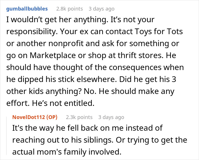 Reddit conversation about not getting an ex's affair child a Christmas gift.