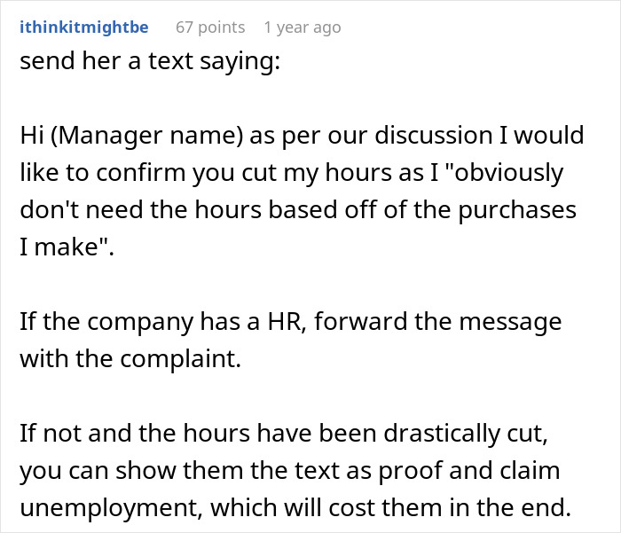 Screenshot of a Reddit post discussing a boss c*****g employee hours due to a motorcycle purchase.