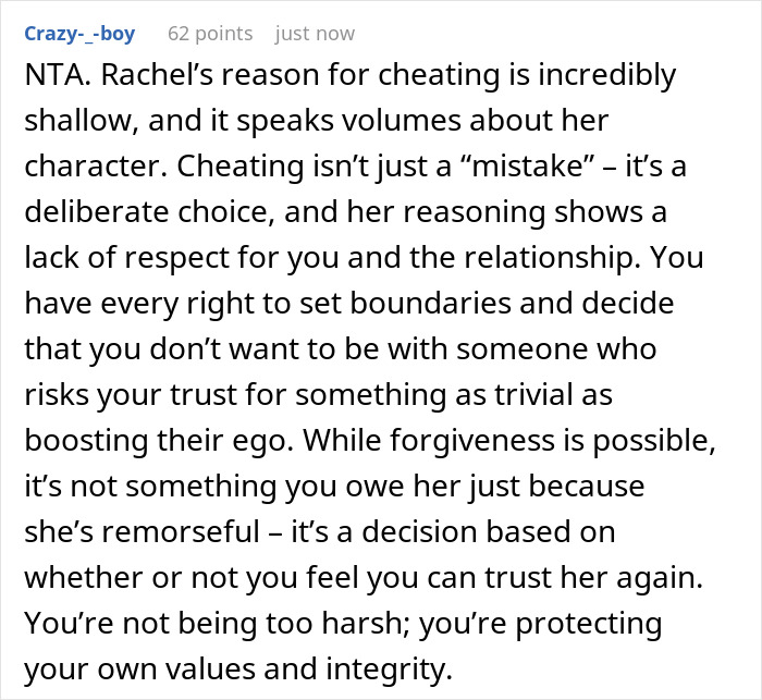 Reddit comment discussing reasons for refusing to take back cheating girlfriend.