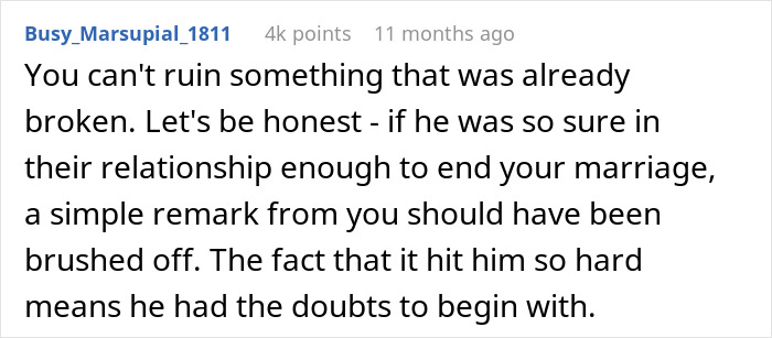 Text discussing ex-husband’s regrets, reflecting on past doubts in a 17-year marriage.