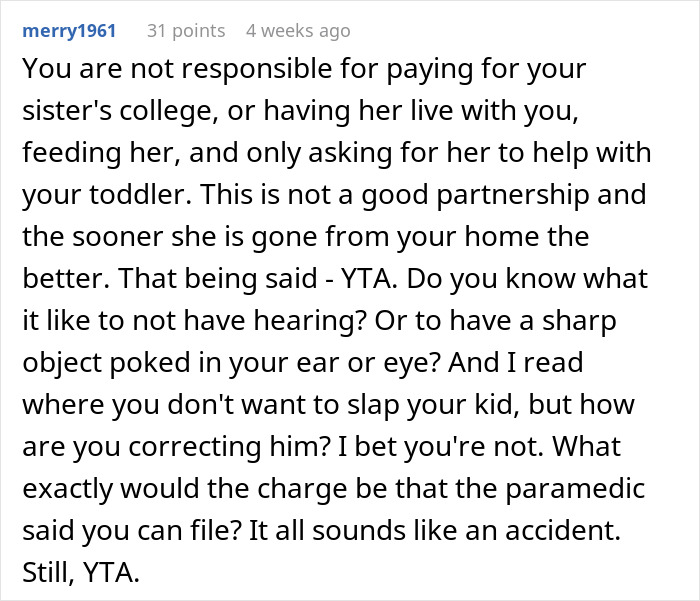 Reddit comment discussing refusal to pay for sister's college and toddler's concussion.