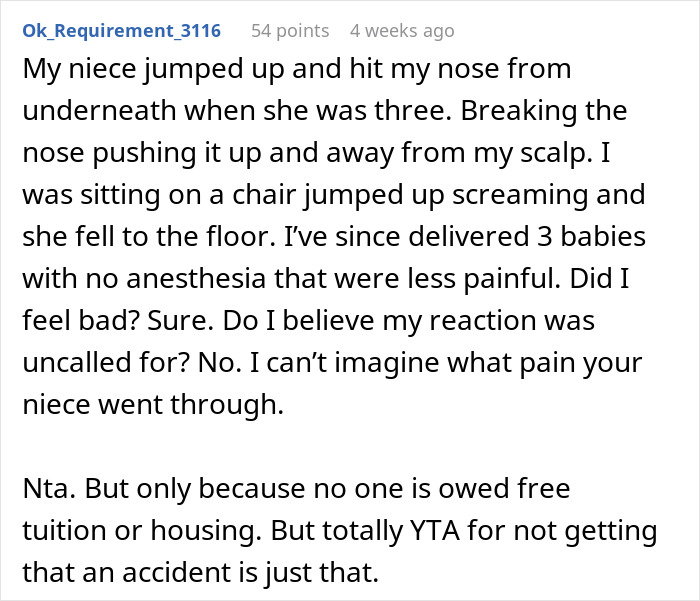 Reddit comment discussing a toddler injury incident and refusing to pay for sister's college, highlighting the pain involved.