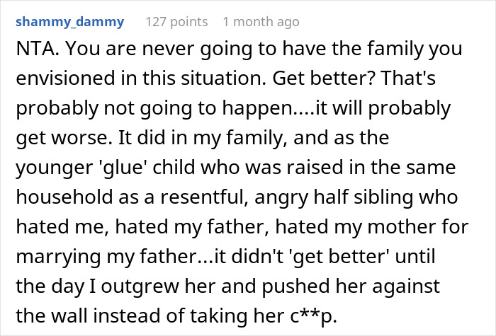 Comment discussing stepdaughter's hostile behavior impacting family dynamics.