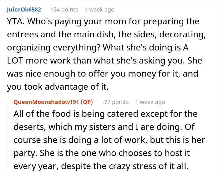 Reddit discussion about daughter charging parents for Christmas cookies and catering preparations.