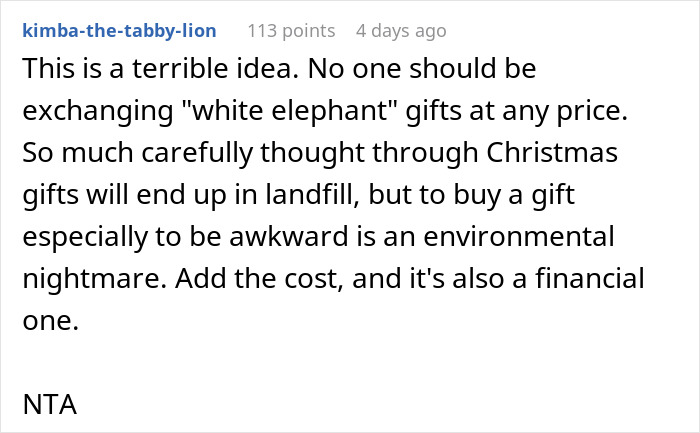 Reddit comment criticizing the high cost and environmental impact of white elephant gifts at Christmas parties.