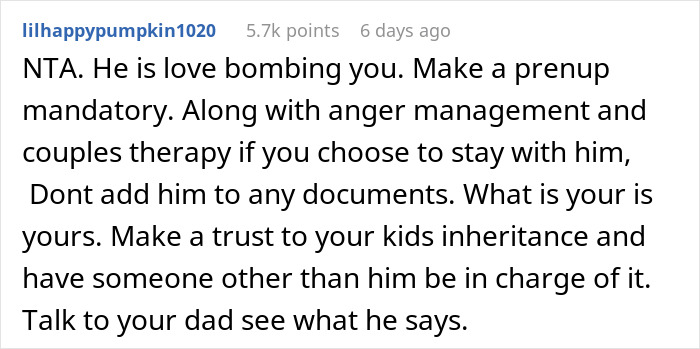 Comment offering advice on love bombing and anger management related to an upset fiancé and prenup discussions.