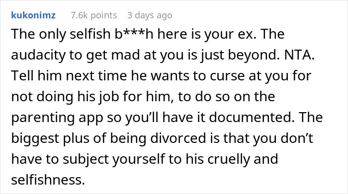 Reddit comment about parenting and divorce under an AITA post regarding an ex's affair child.