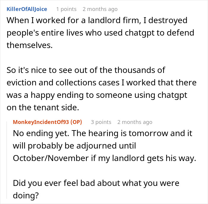 Tenant chats about using ChatGPT against a landlord in court.