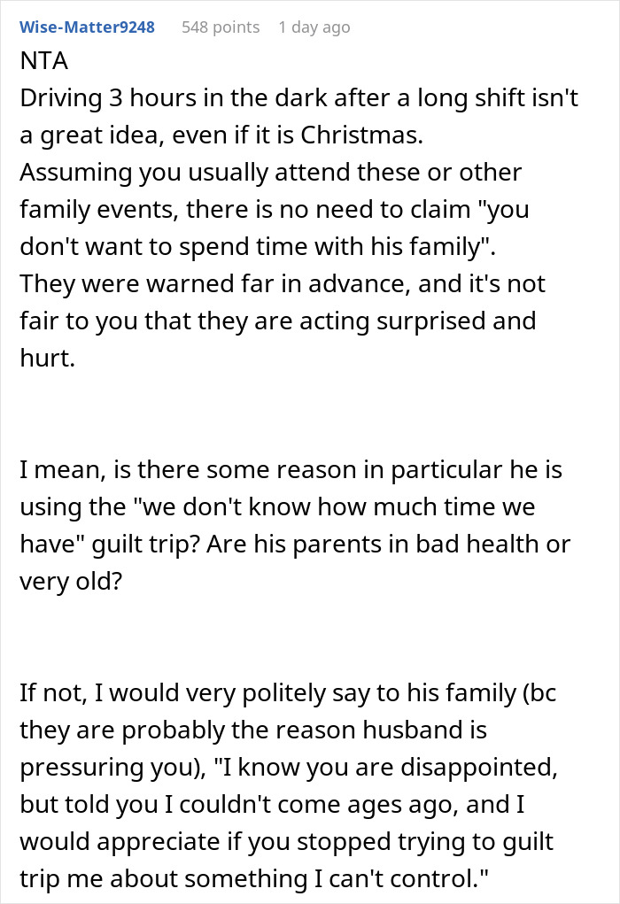 Reddit comment discussing husband-family Christmas plans and travel concerns.