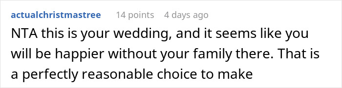 Reddit comment advising against changing a wedding date for family, emphasizing personal happiness over compromise.