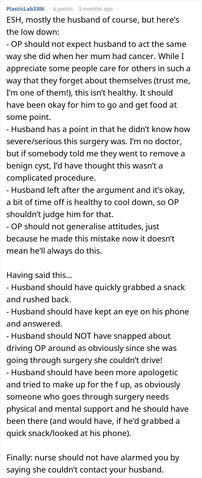 Reddit comment discussing a husband's defensiveness after leaving his wife during surgery.