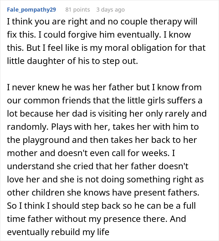 Image of a text post discussing a complex relationship involving a neighbour, daughter, and a husband's affair.