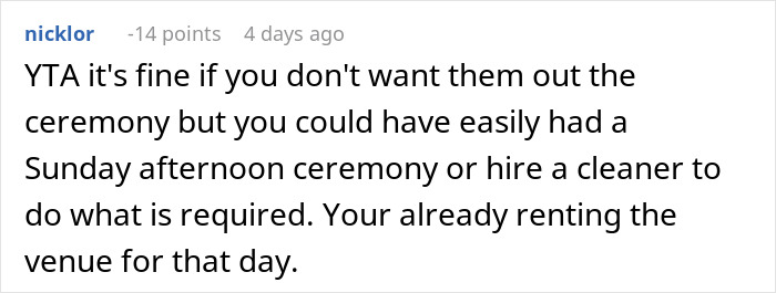 Text comment discussing options for a wedding ceremony timing.