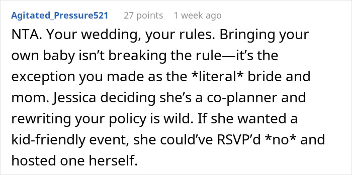 Text screenshot about a child-free wedding and the bride bringing her own baby.