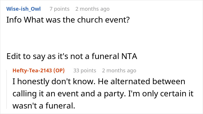 Reddit conversation about a church event described as an event and a party, but not a funeral.