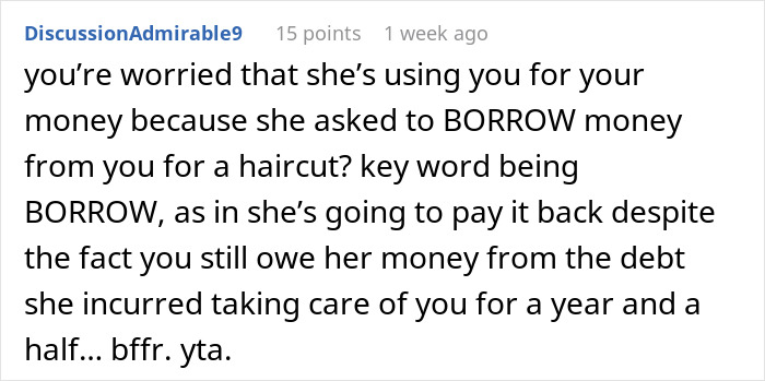 A Reddit comment criticizing lack of self-awareness in a financial support situation.