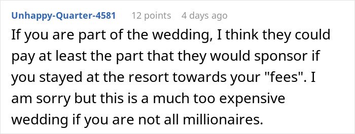 Reddit comment discussing groomsman financial struggles with destination wedding costs.