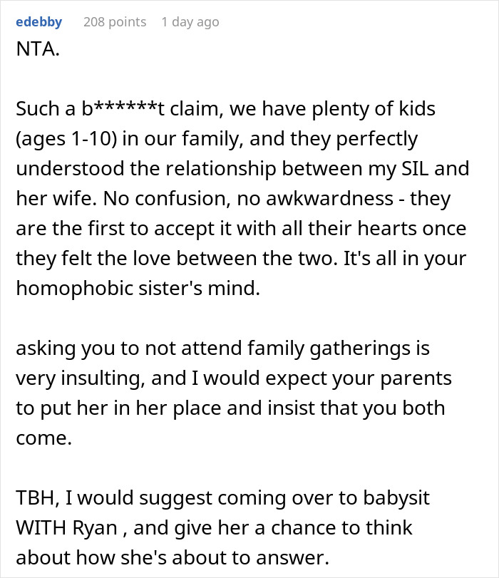 Reddit comment discussing refusal to babysit due to family event conflict with sister's demands.