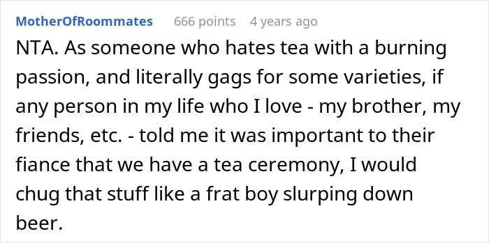 Reddit comment discussing respecting a fiancé's tradition, despite personal tea dislike.