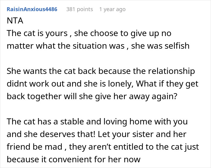 Comment discussing a woman rehoming her cat, calling it selfish when she wants it back after a breakup.