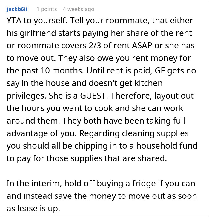 Comment advising a guy to address rent issues with roommate's girlfriend living in awkward living situation.