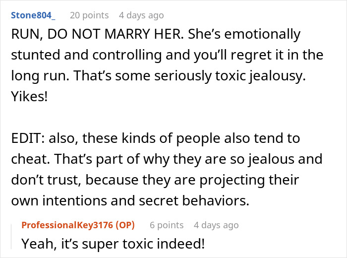 Screenshot of a forum discussion about toxic jealousy involving a fiancé's demand to sell a car.