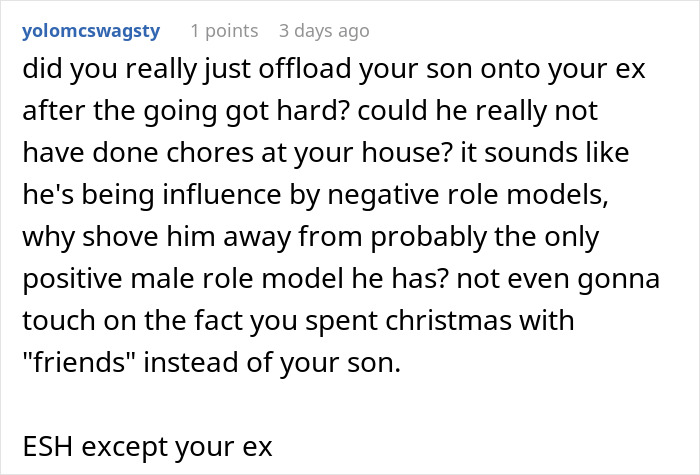 Reddit comment discussing parenting and chores, questioning the influence of role models.